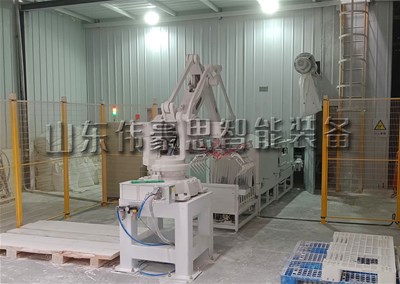 40kg面粉自動碼垛機器人，全自動碼垛系統(tǒng)使用現(xiàn)場