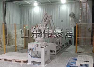 面粉全自動(dòng)碼垛機(jī)器人，機(jī)械手自動(dòng)碼垛設(shè)備現(xiàn)場(chǎng)